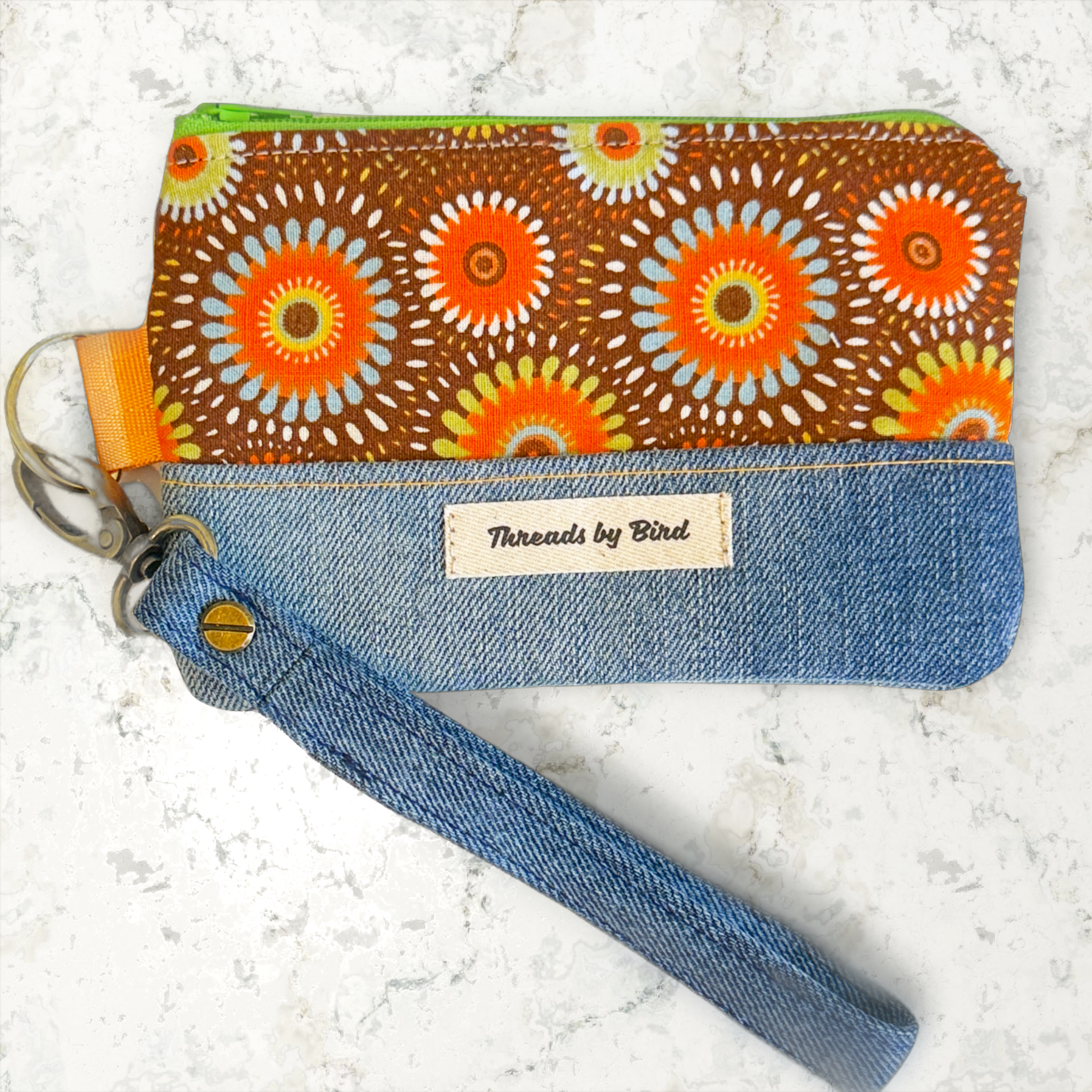 Handmade Orange Batik Denim Wristlet (Gold Hardware)