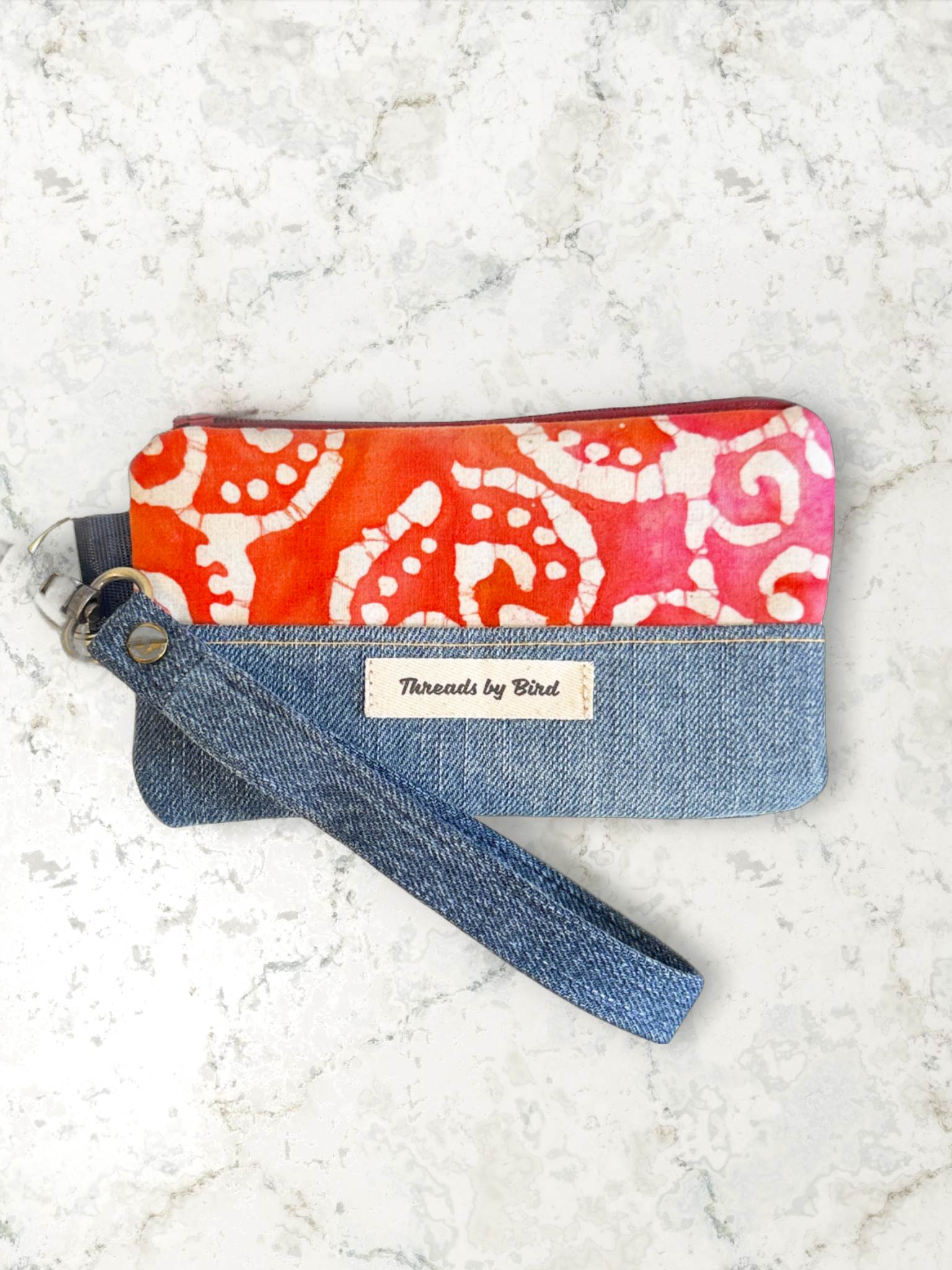 Handmade Orange #2 Batik Denim Wristlet