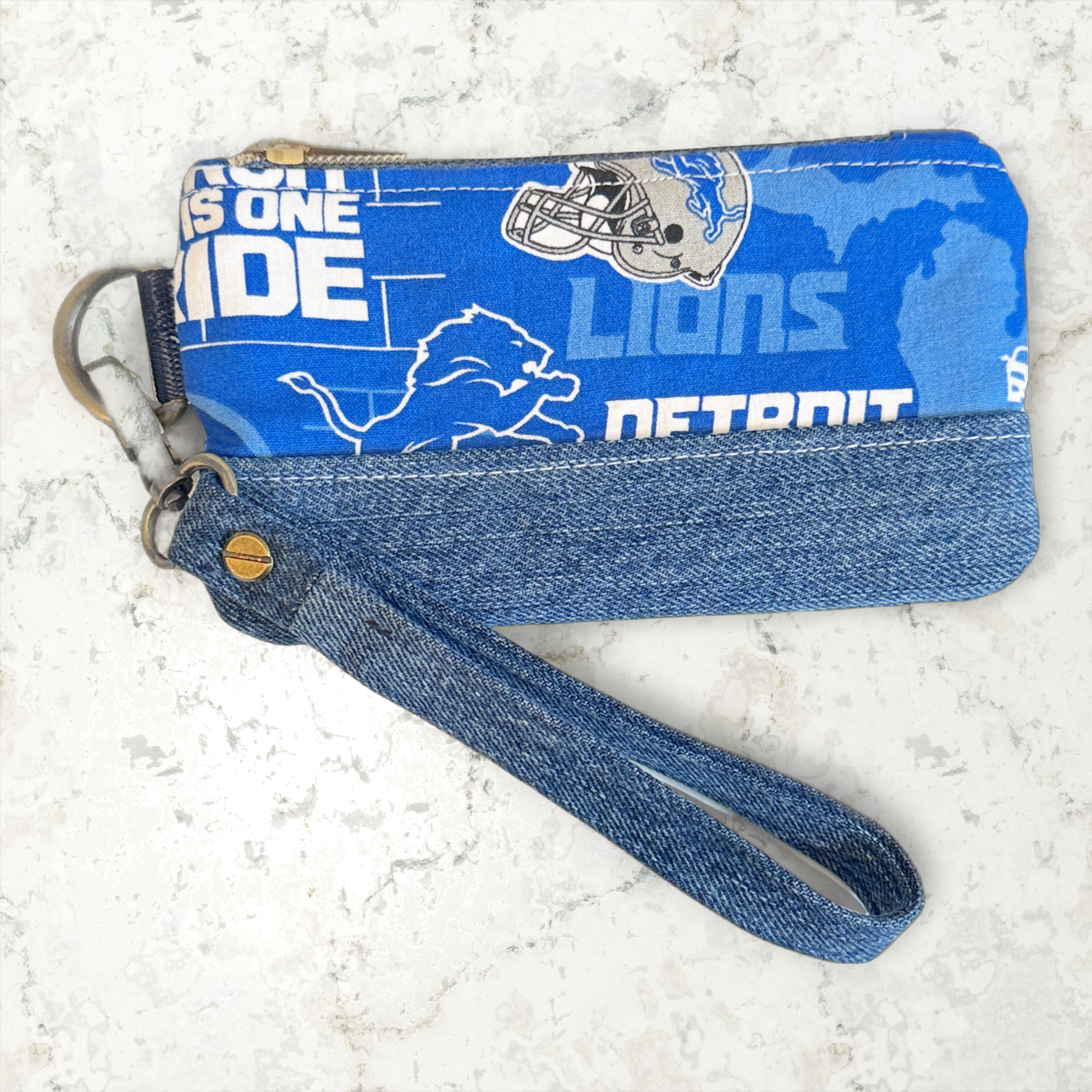 Handmade Lions Denim Wristlet Gold Zipper