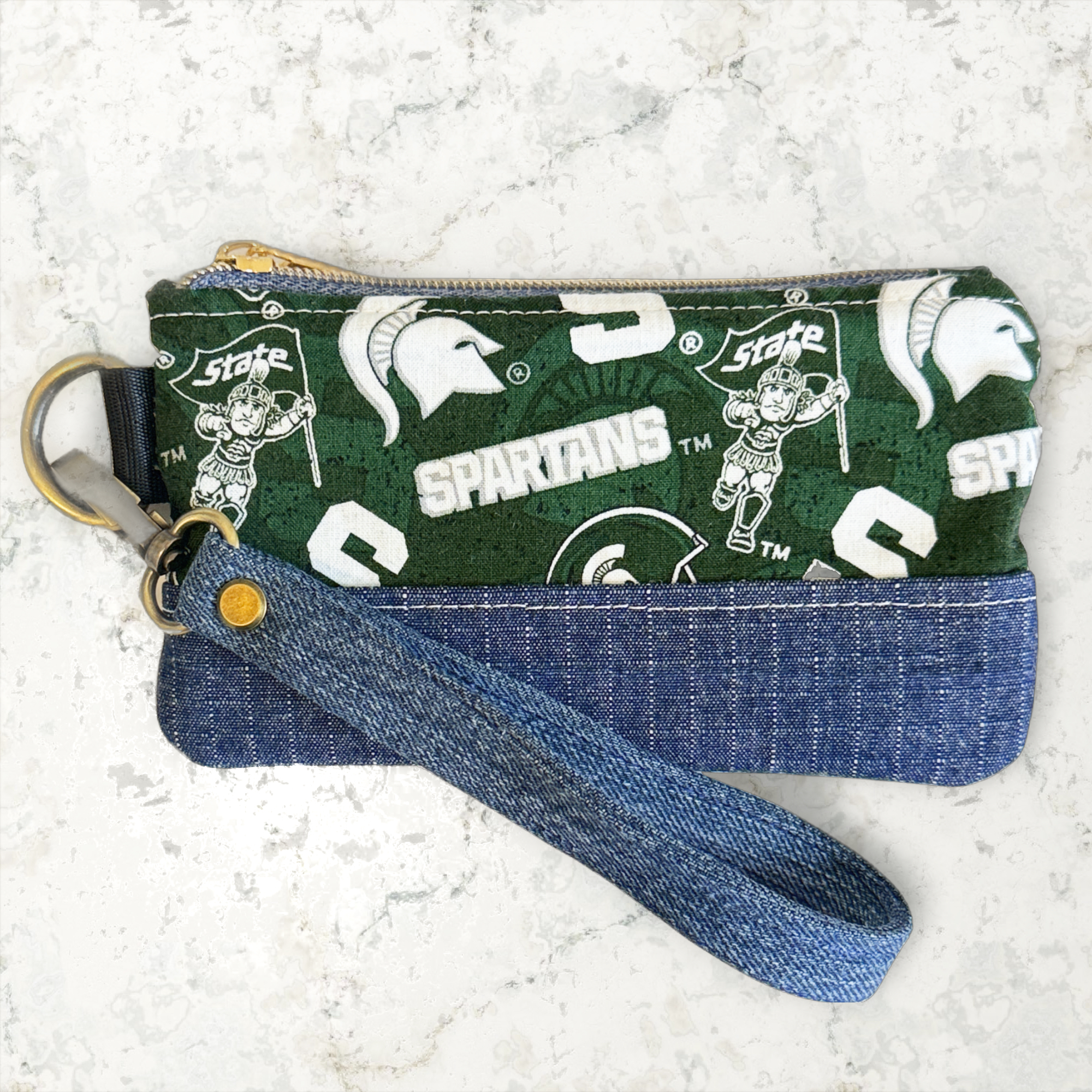 Handmade MSU Denim Wristlet with Gold Zipper