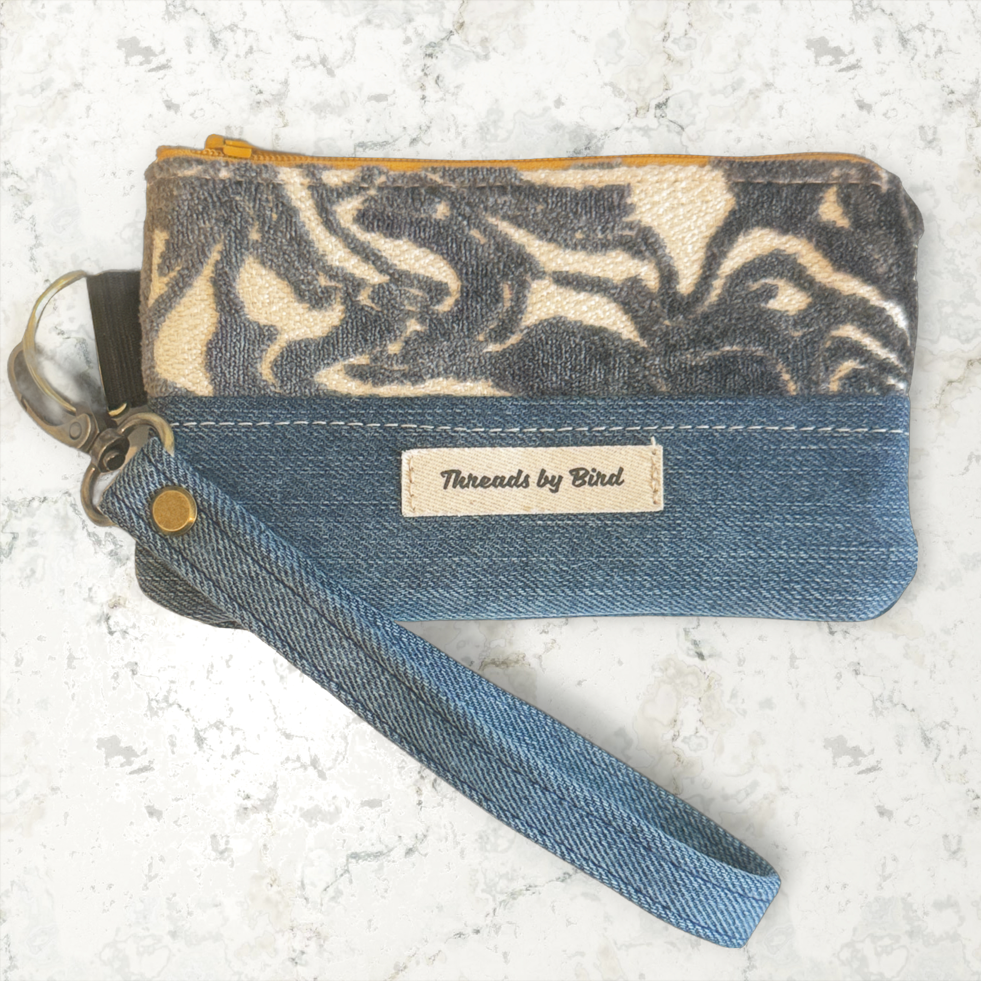 Handmade Velvet Gray Denim Wristlet