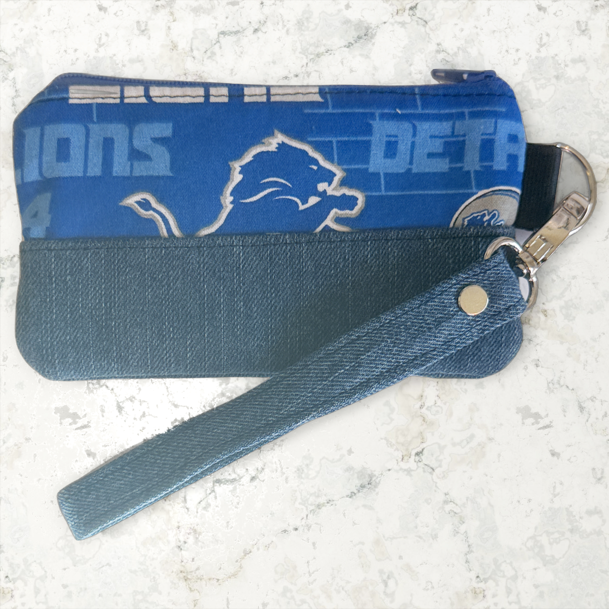 Handmade Lions Denim Wristlet with Blue Zipper