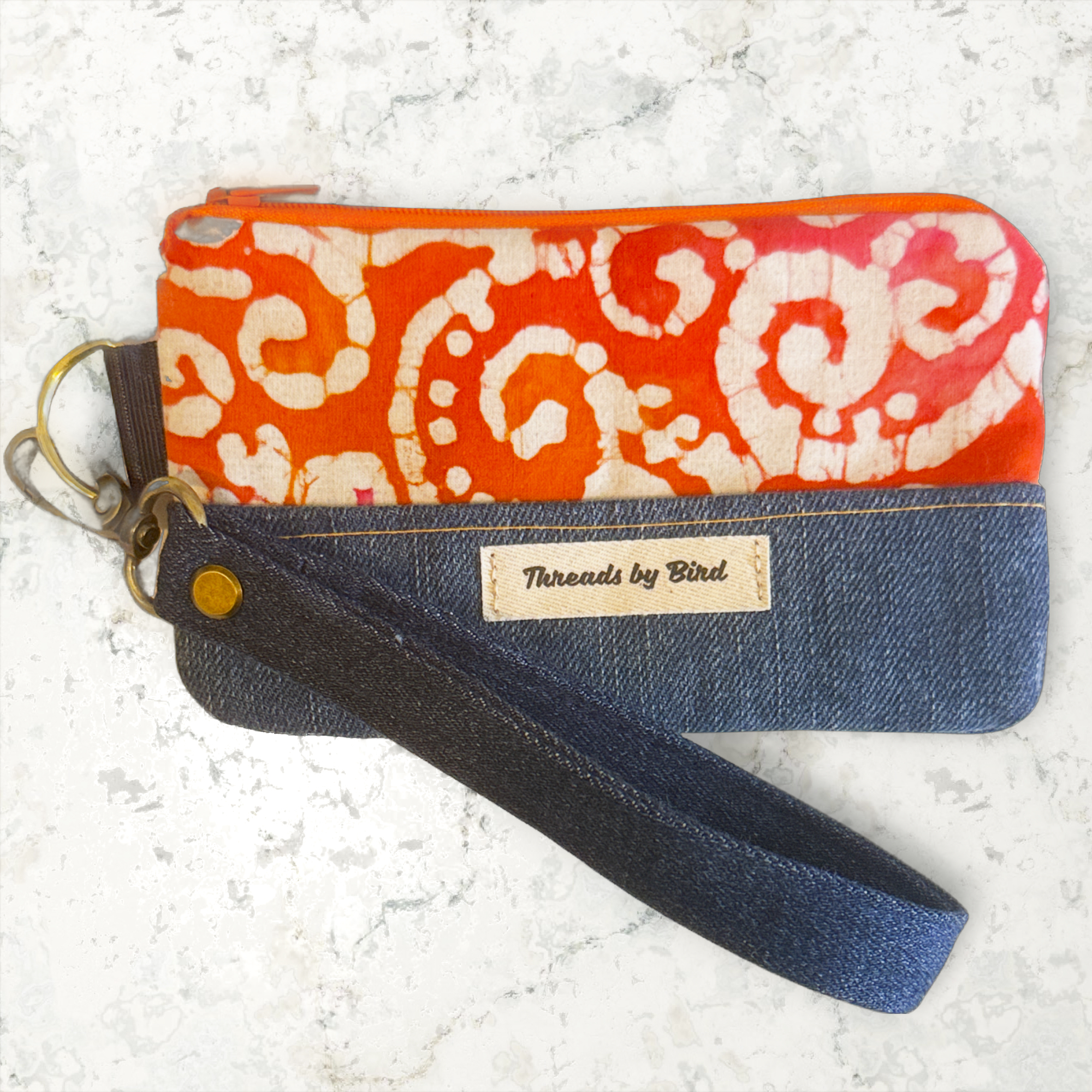 Handmade Orange #1 Batik Denim Wristlet