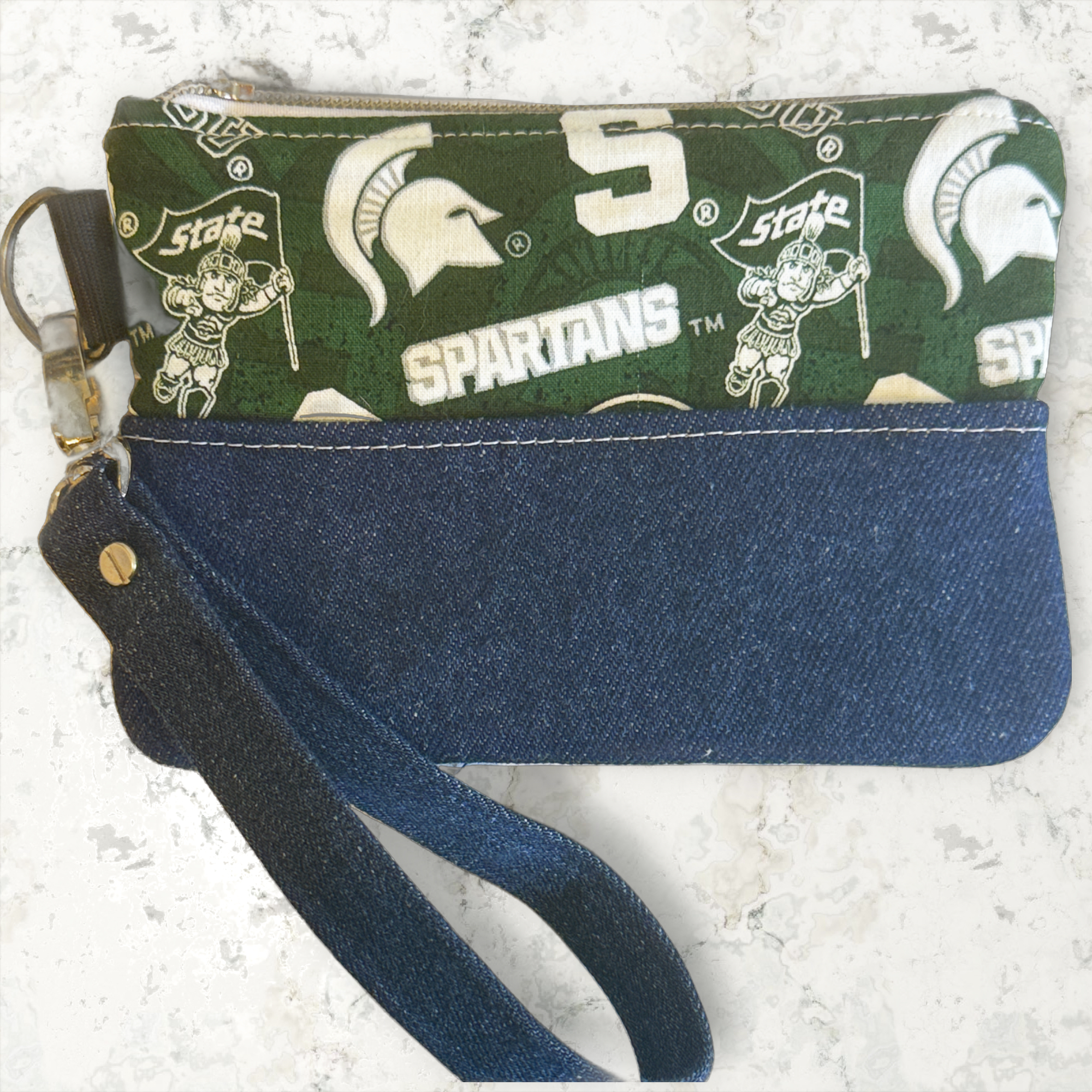 Handmade MSU Denim Wristlet with Silver Zipper