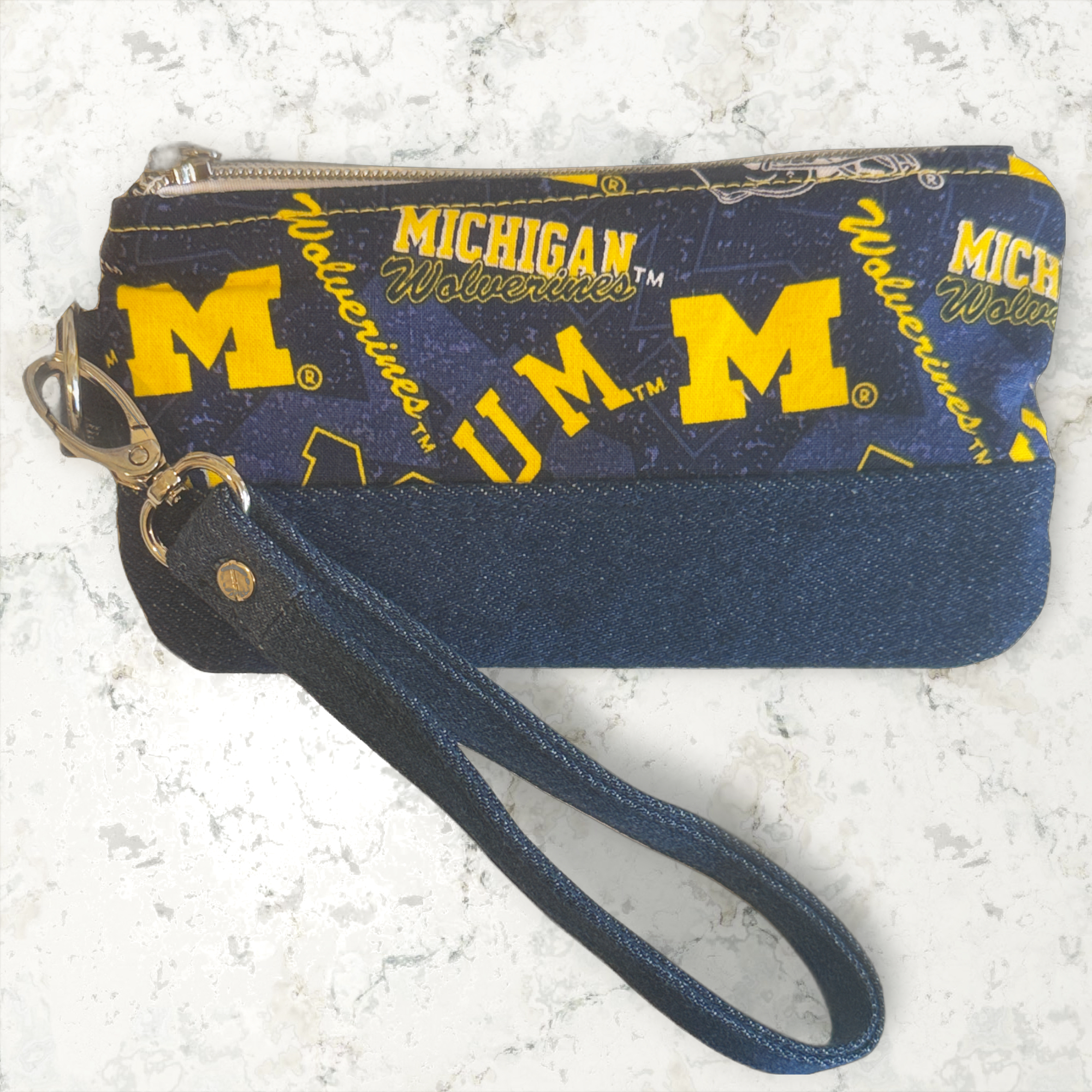 Handmade U of M Denim Wristlet Silver Zipper