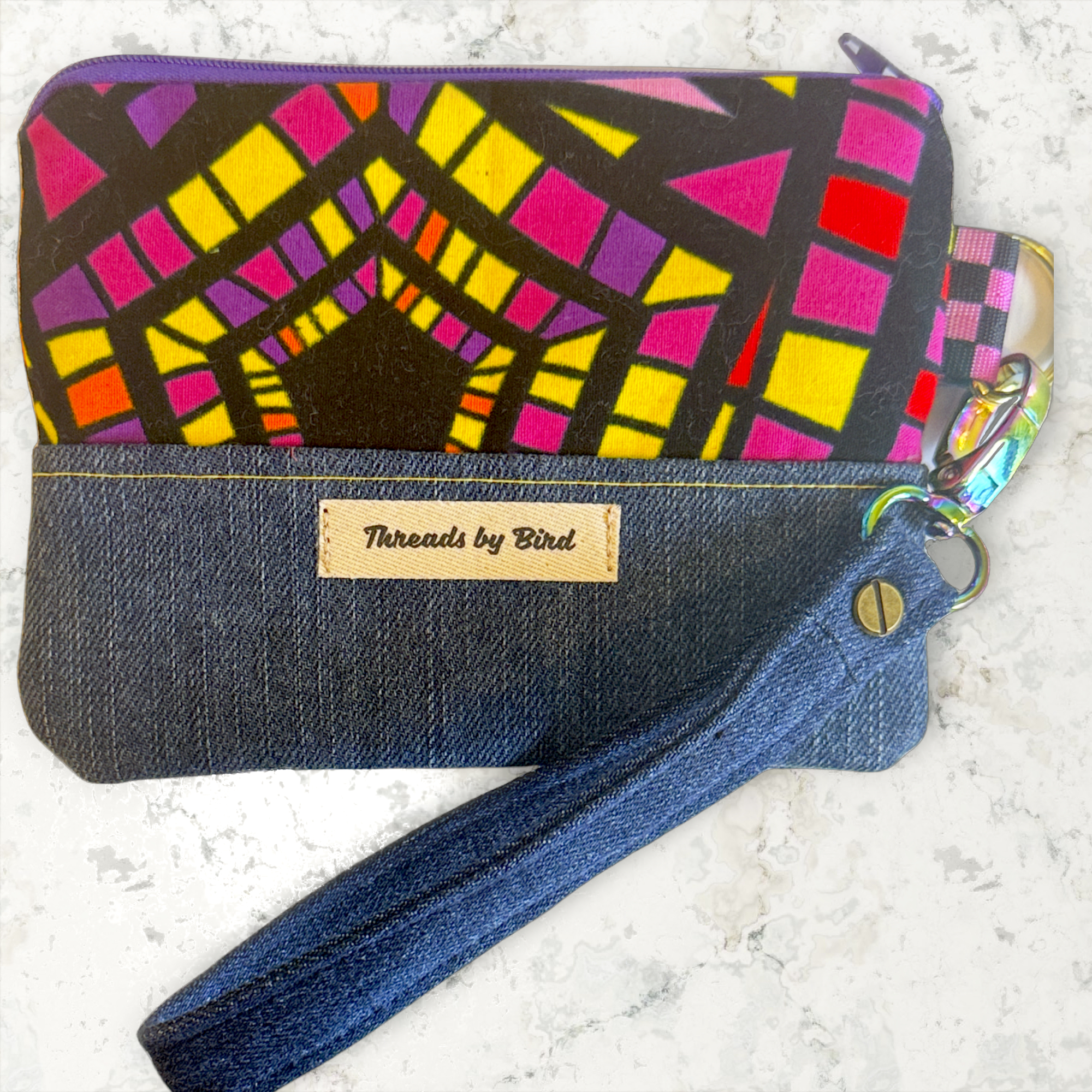 Handmade African Fabric Denim Wristlet