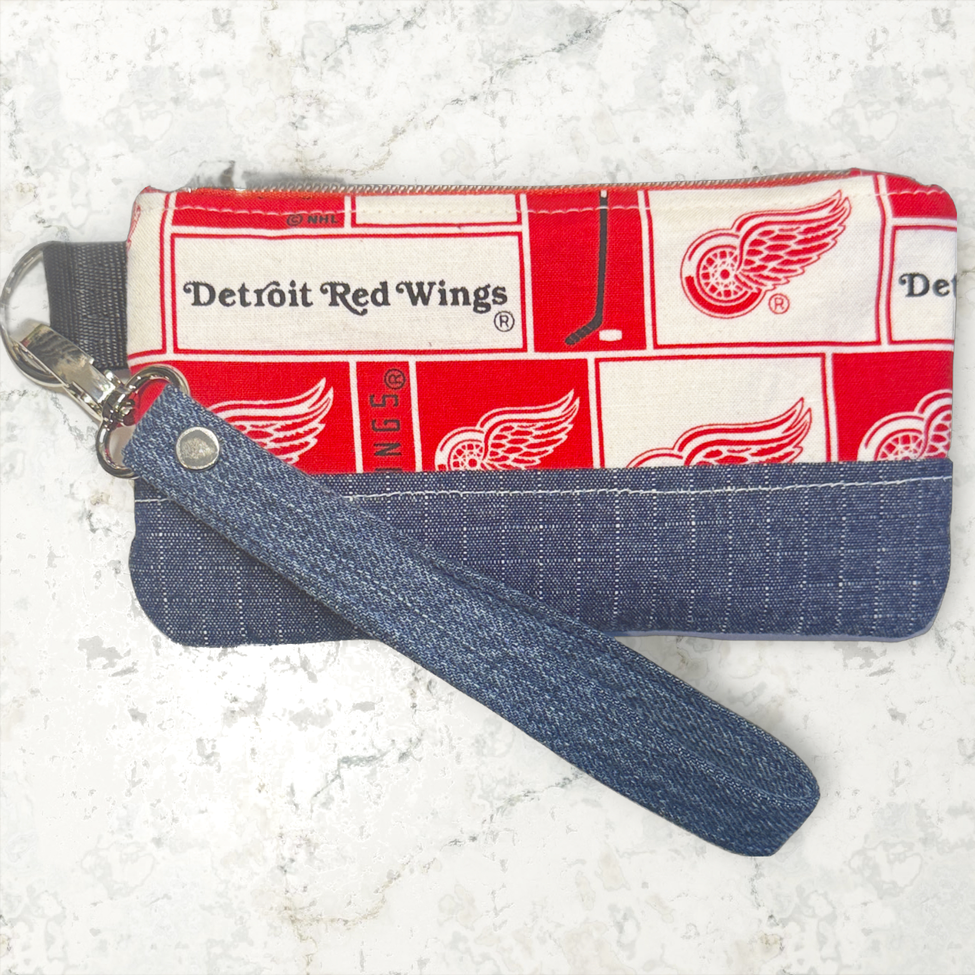 Handmade Red Wings Denim Wristlet