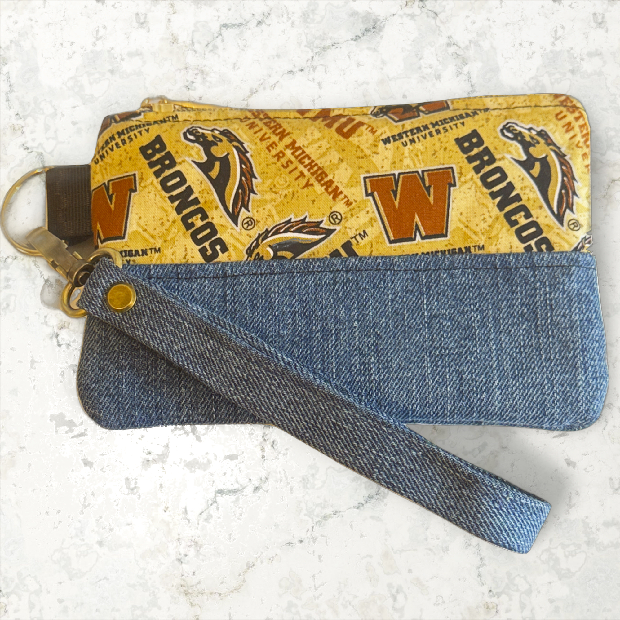 Handmade WMU Denim Wristlet with Gold Zipper