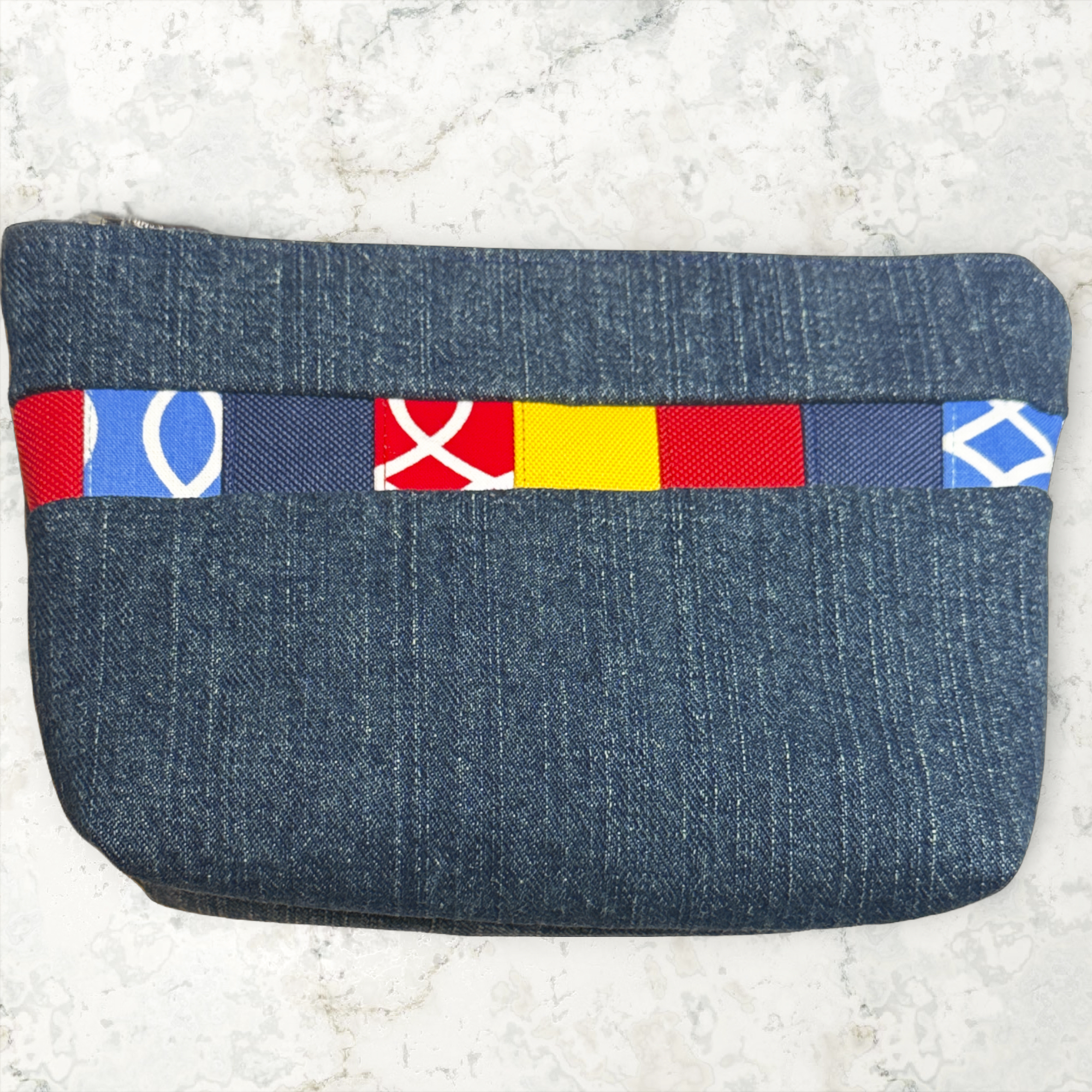 Multicolor Squares Denim Pouch (Silver Zipper)