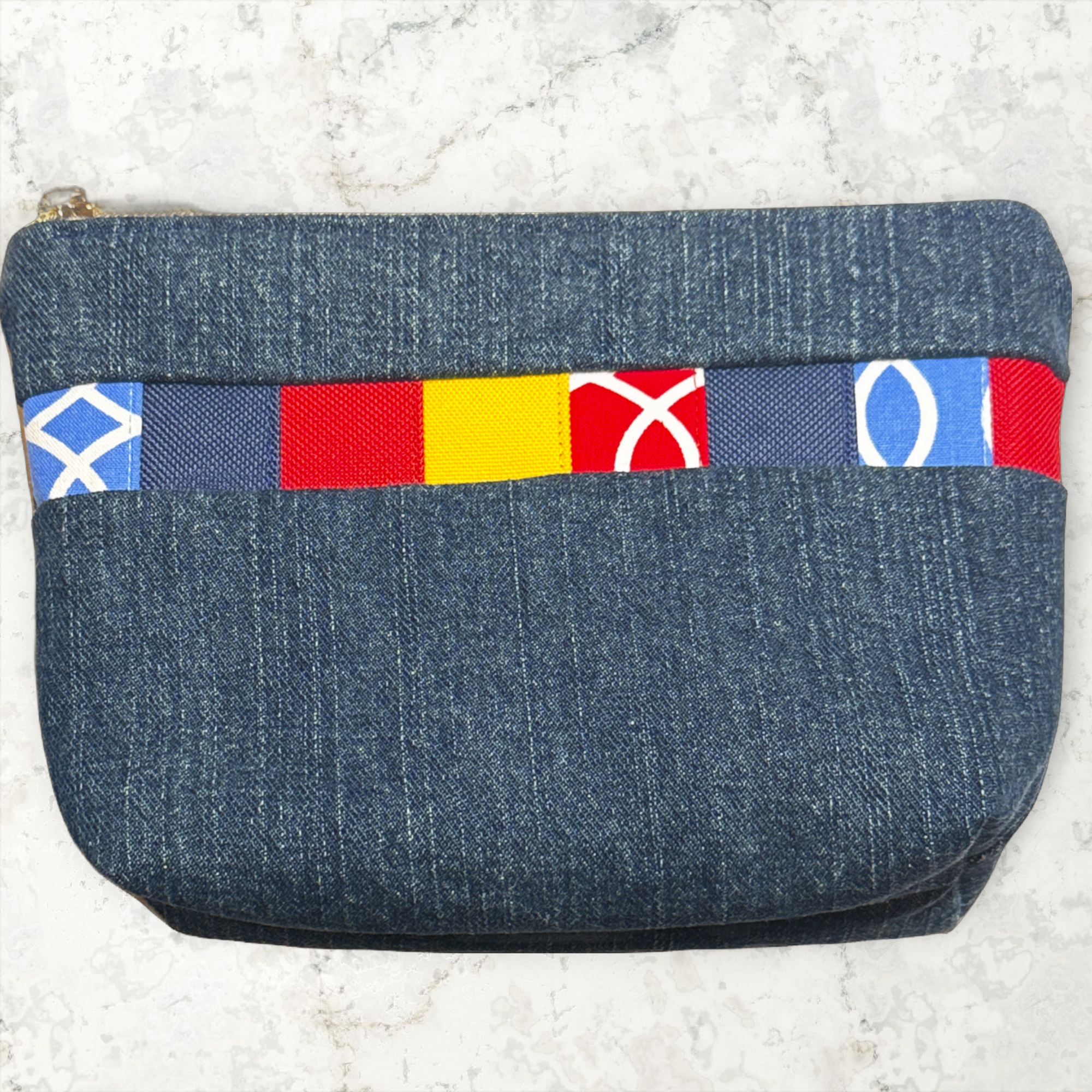 Multicolor Squares Denim Pouch (Gold Zipper)