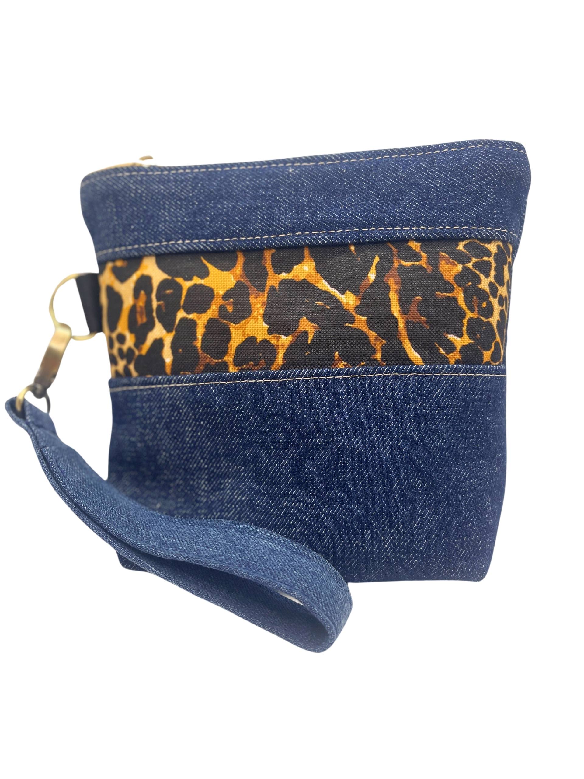 Leopard Print Dark Blue Denim Wristlet