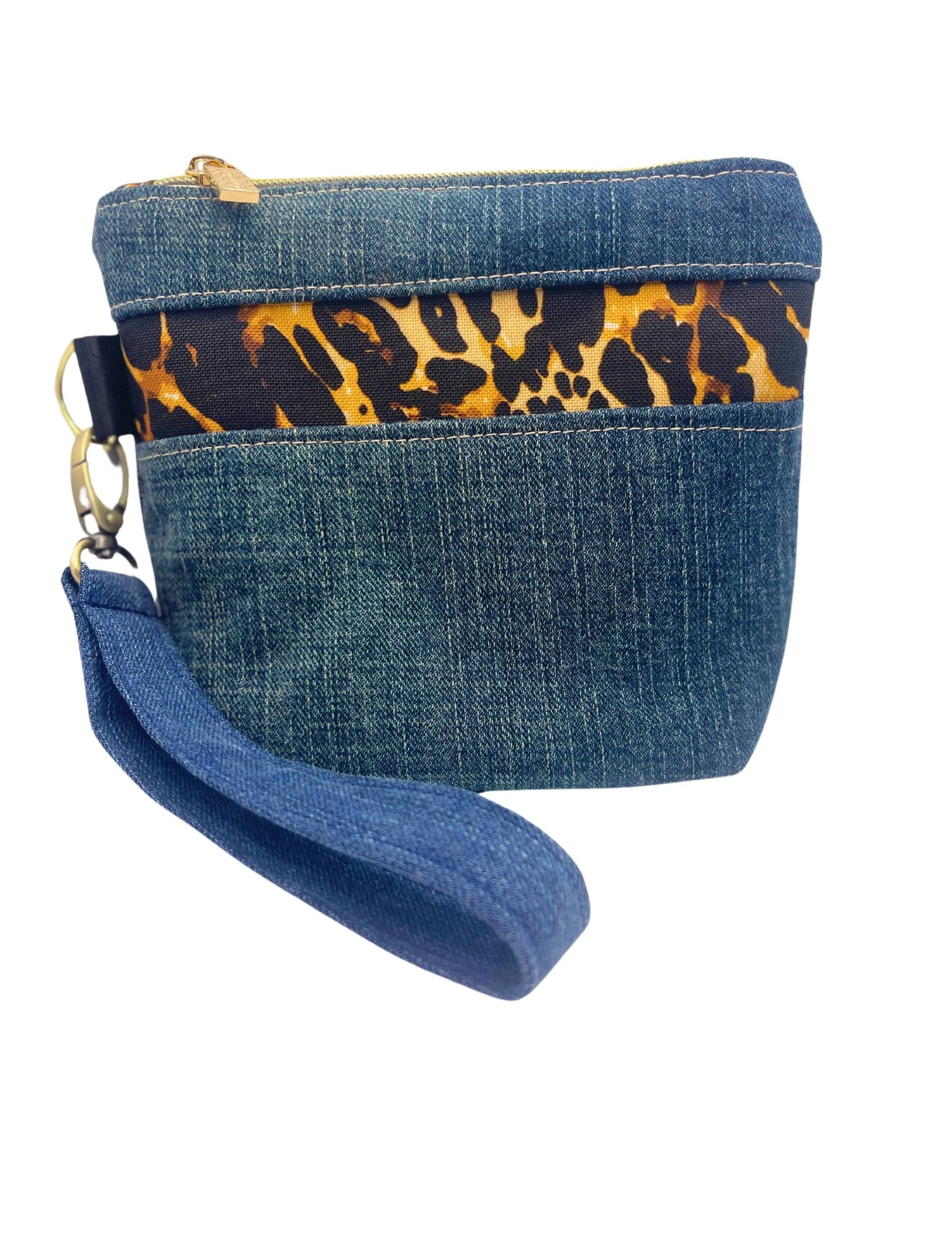 Leopard Print Light Blue Denim Wristlet