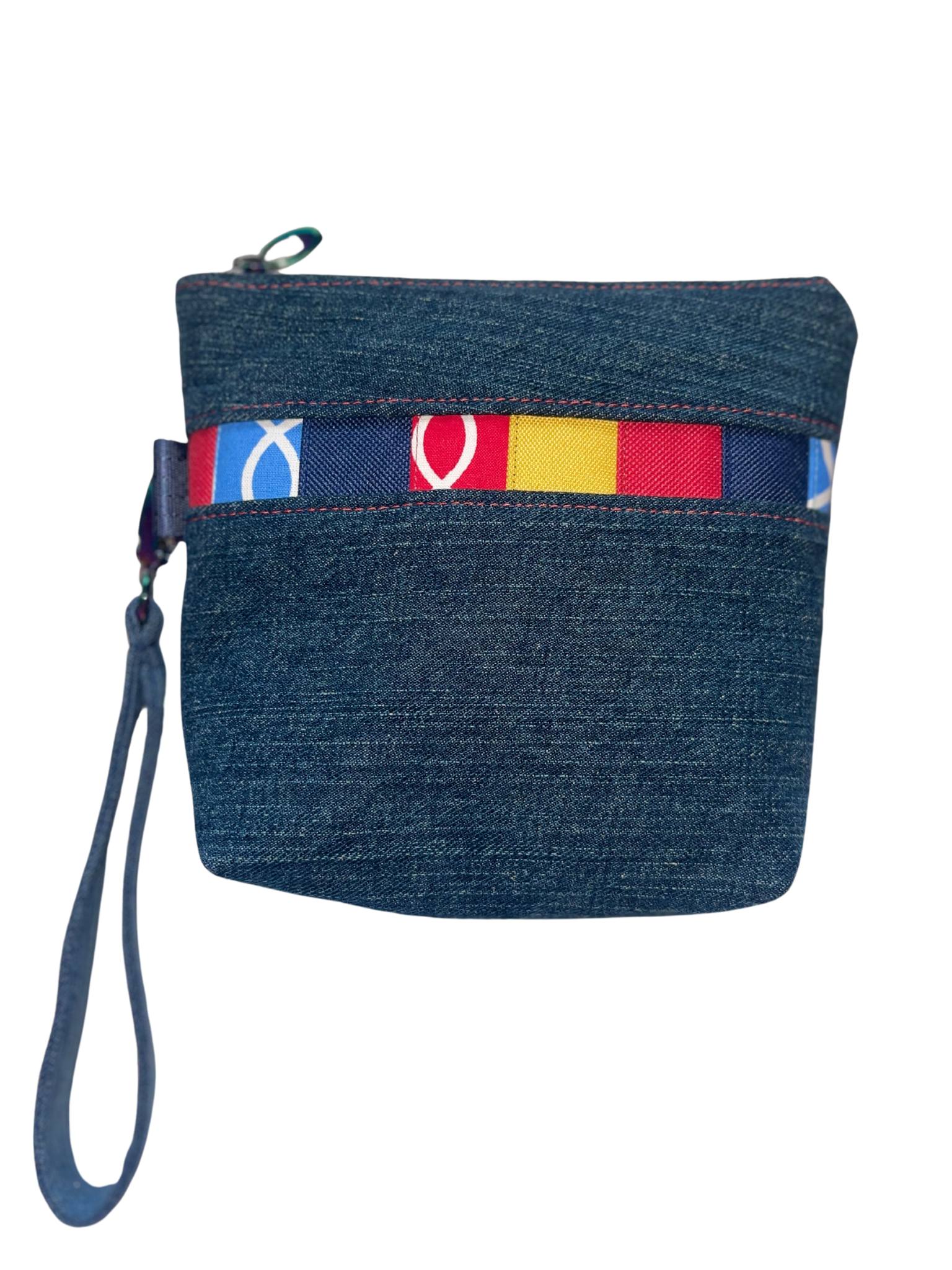 Multicolor Squares Denim Wristlet