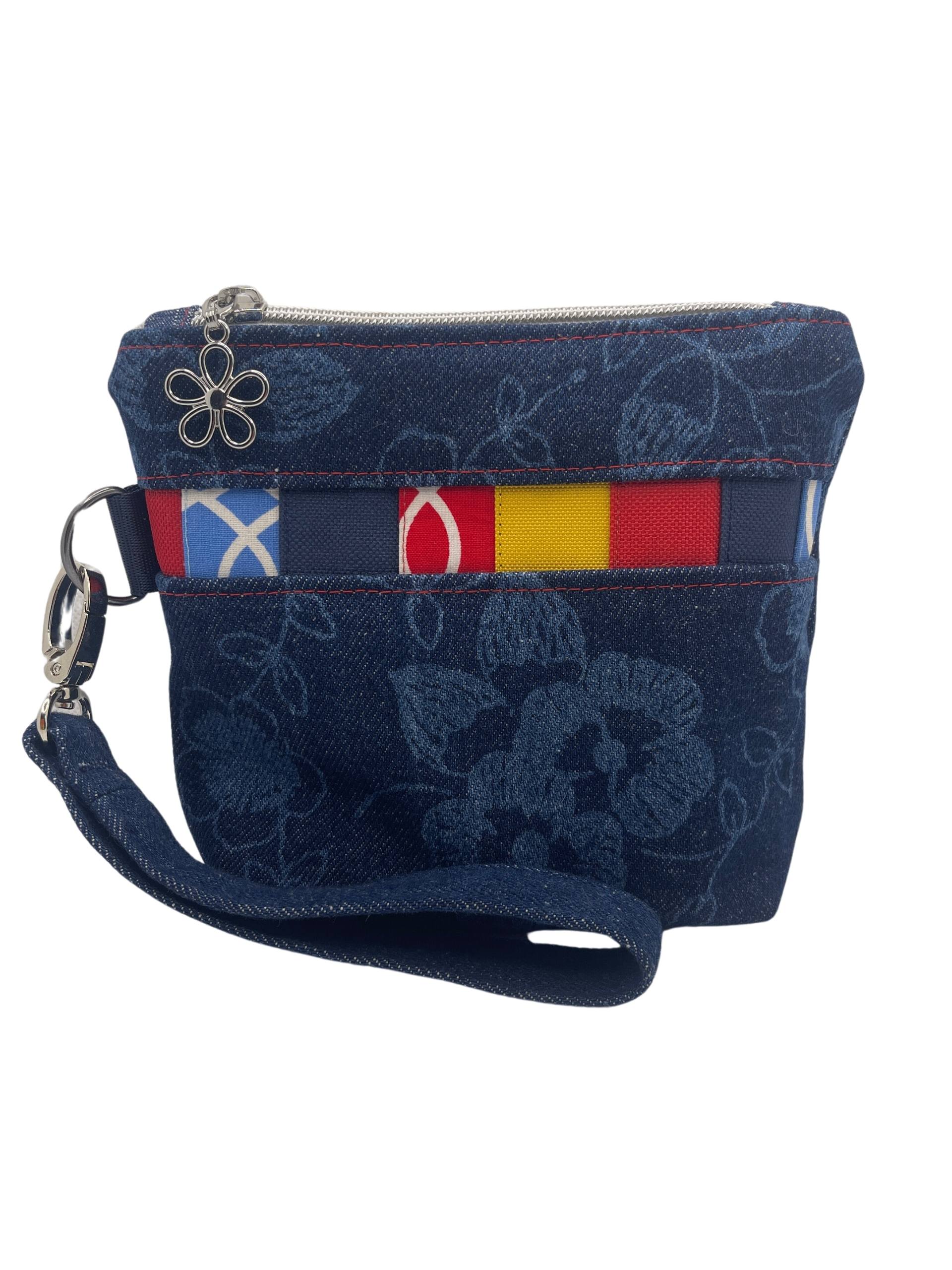 Multicolor Squares Flowered Denim Wristlet