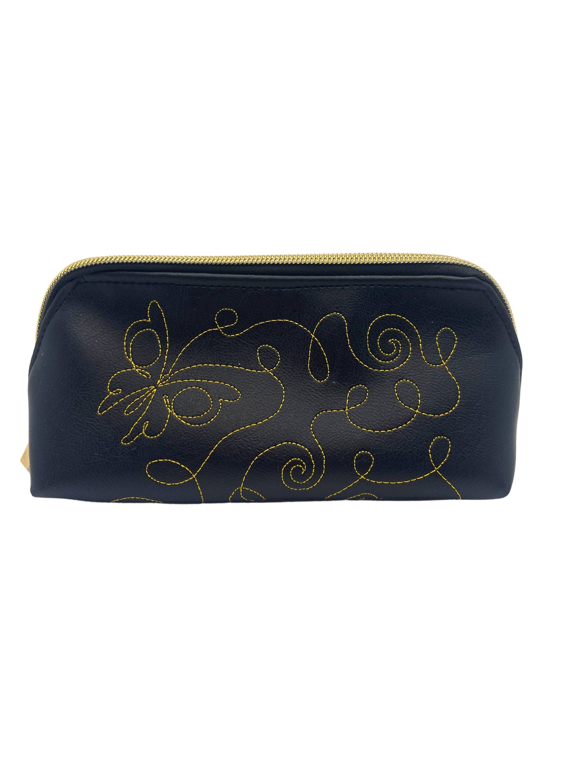 Black n Gold Embroidered Butterfly Zipper Pouch Organizer